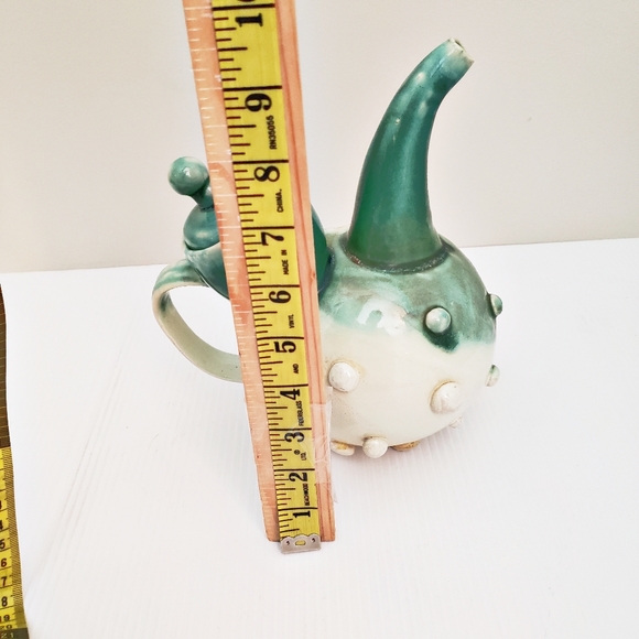 Hand Crafted Artisan Whimsical Pottery Teapot Teal Cream - Picture 11 of 12